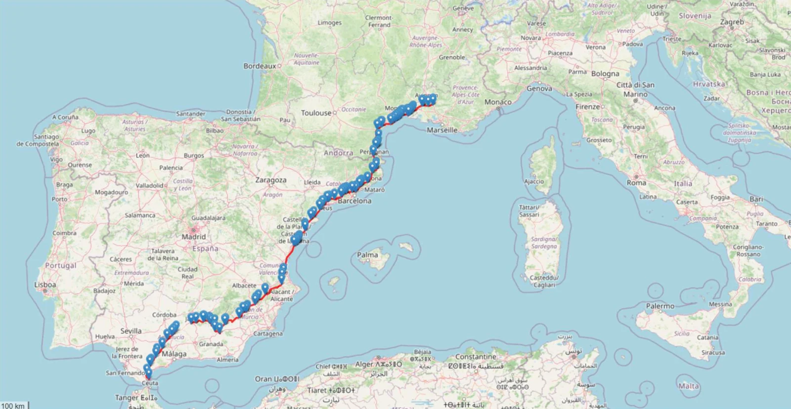 Streckenplan Marseille bis Gibraltar